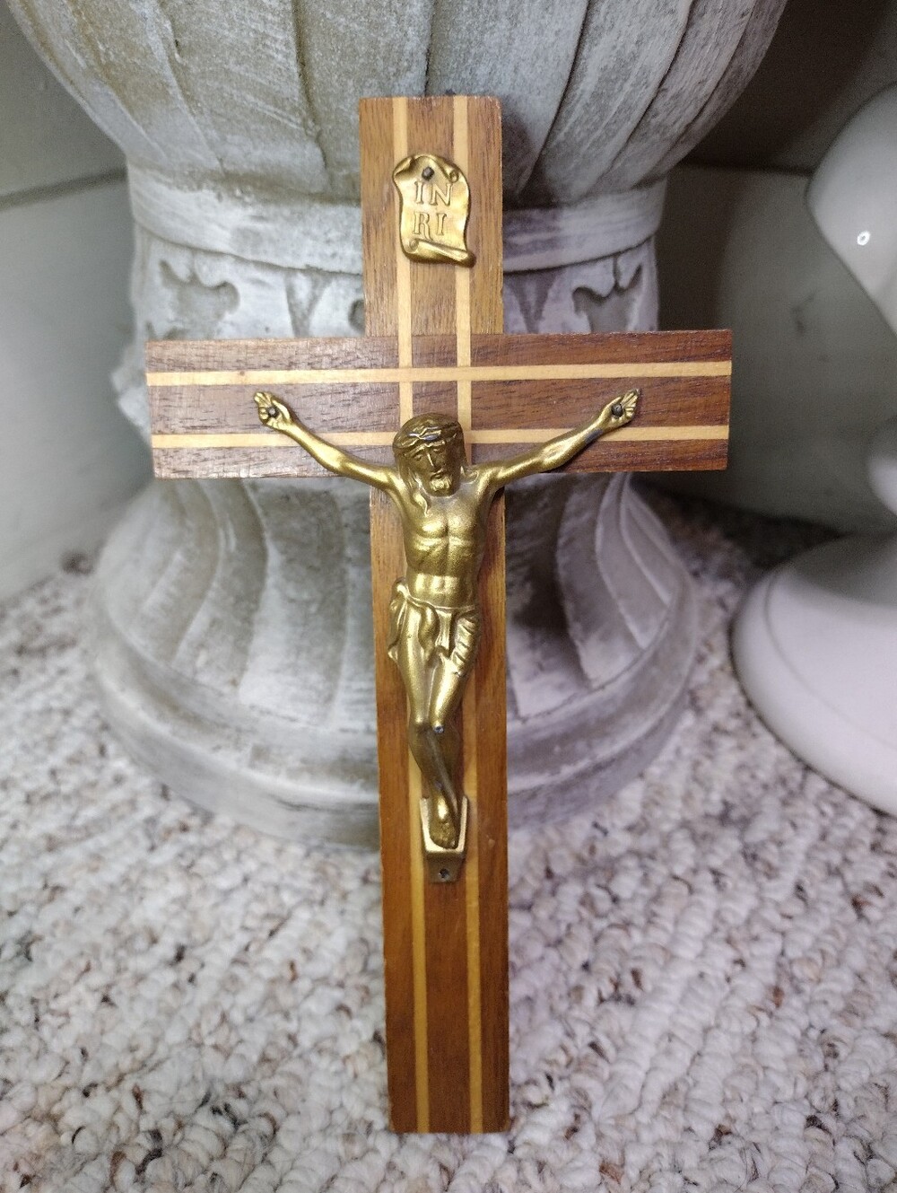 Vintage Gold & Inlaid Wood Wall Crucifix